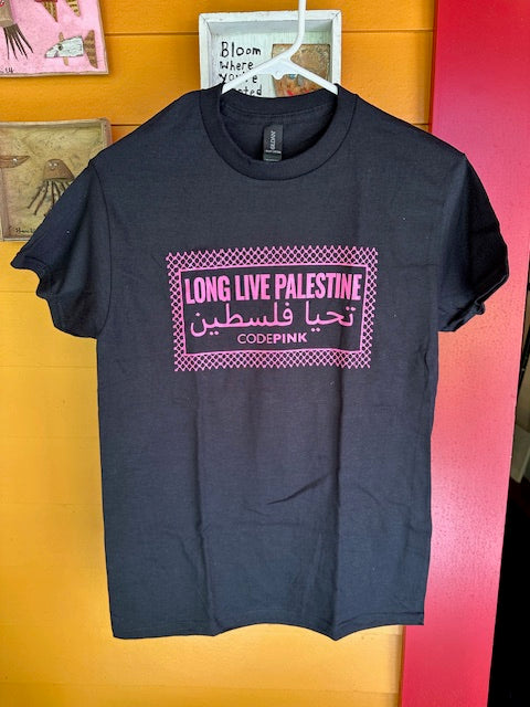 Long Live Palestine CodePink black shirt